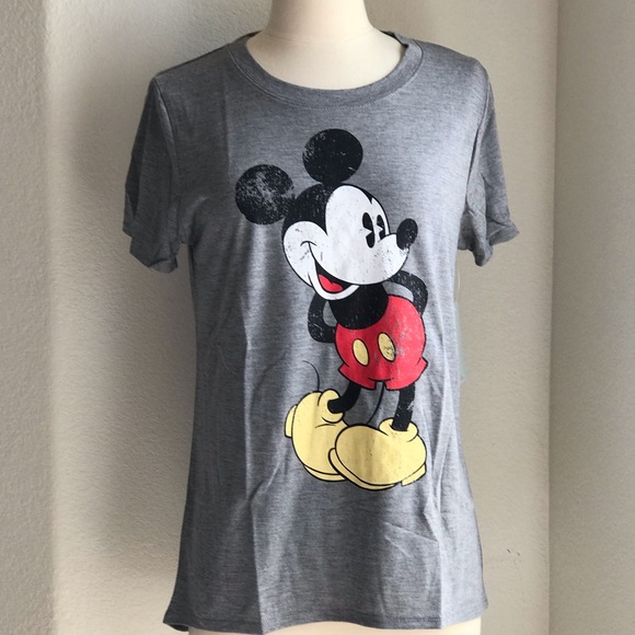 Disney Mickey Mouse Gray Short Sleeve Fitted T-shirt Scoop Neck Women sz Large - Picture 9 of 16
